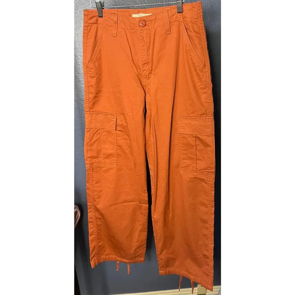 Levi’s 94 Baggy Cargo Pants Orange Wide Leg Utility Pants Tie Cuff Size 27 NWOT - Picture 3 of 8